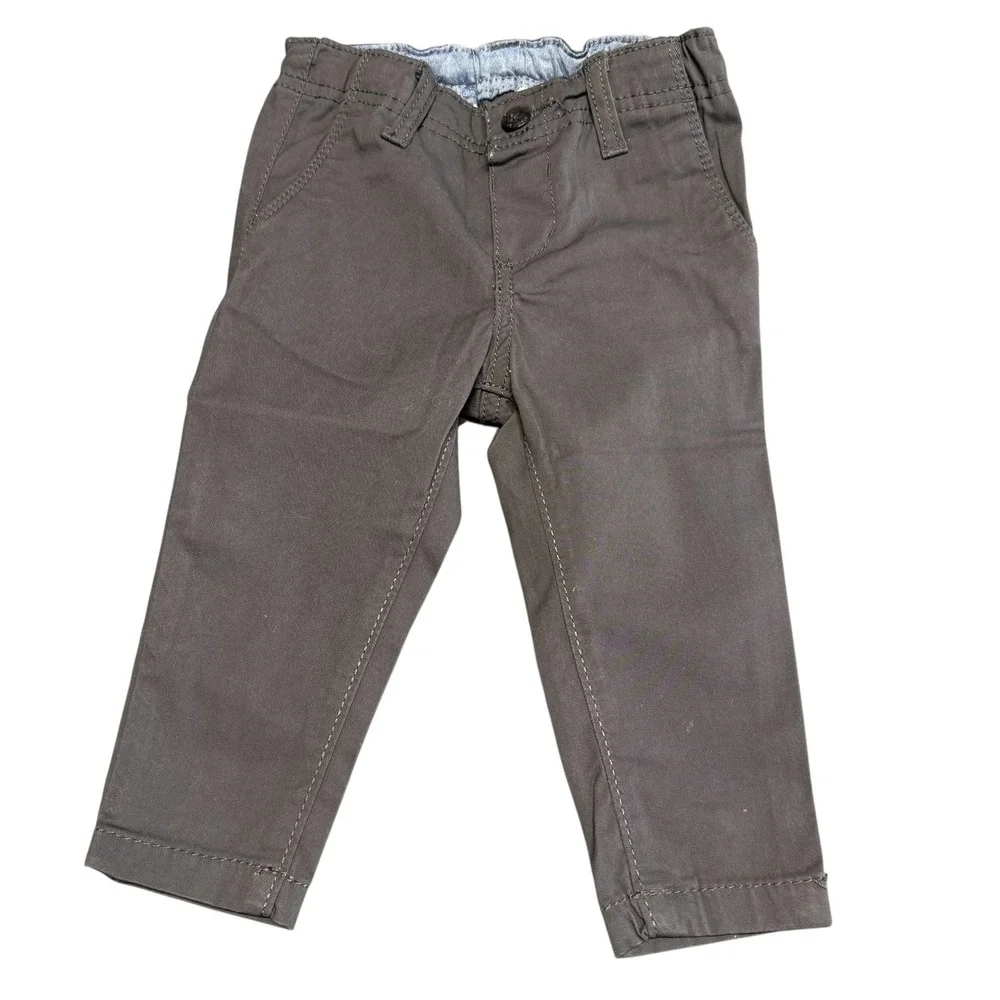 OshKosh B'gosh Baby Boys Gray Twill Pants Elastic Waist‎ Button Closure Size 12M